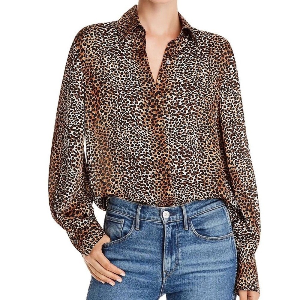 Equipment Femme Didina Cheetah Print Button Down Shirt Satin Collared Blouse S